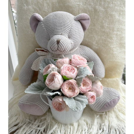 Pink Rose Posy with LARGE FAW TEDDY BEAR 28X28X33CM